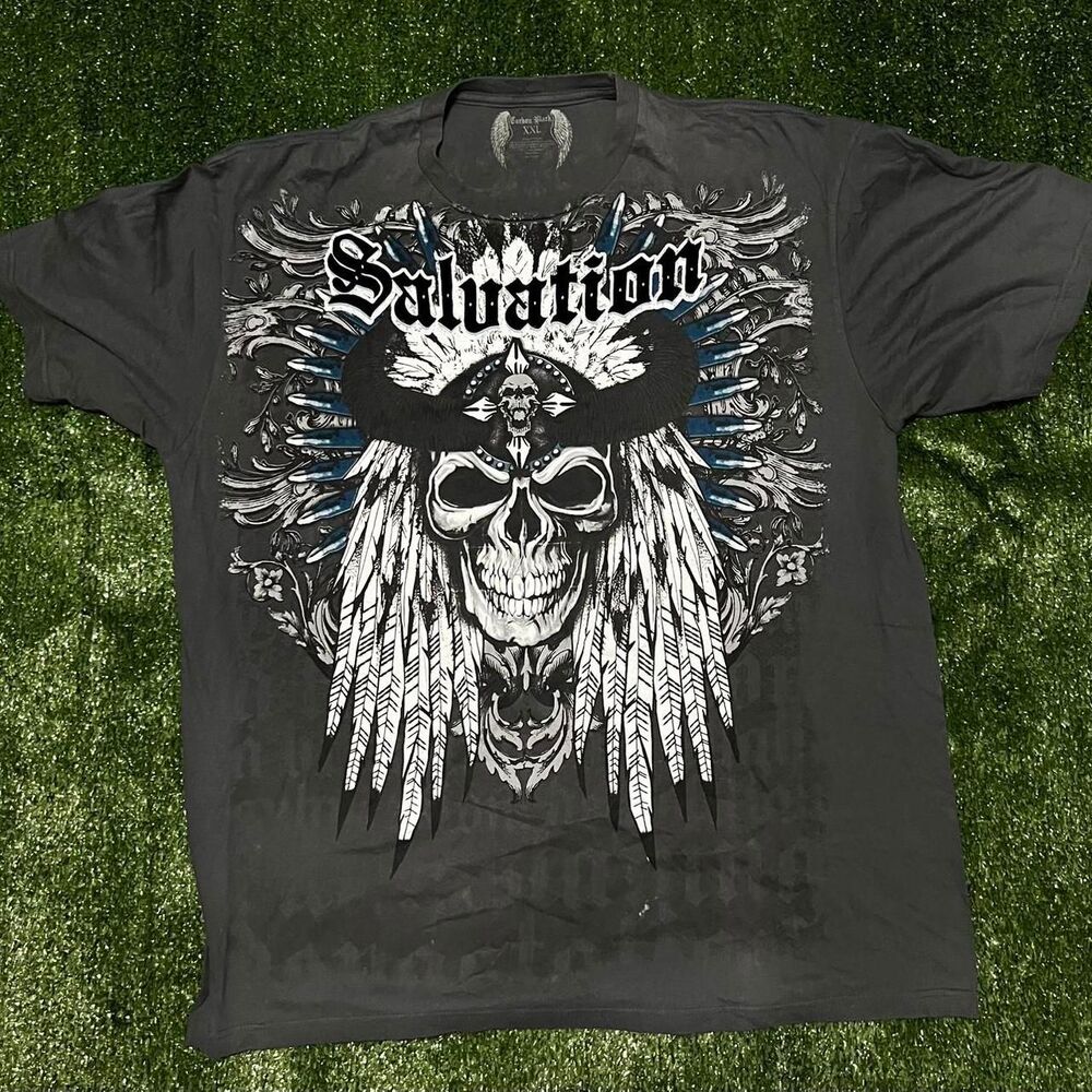 Affliction Men's Grey and Black T-shirt